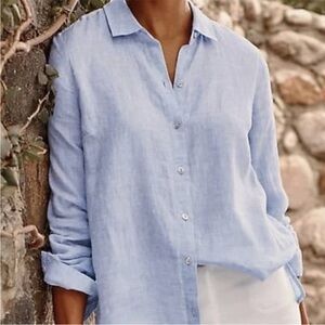 J Jill Love Linen 100% Linen Light Blue Button Up Coastal